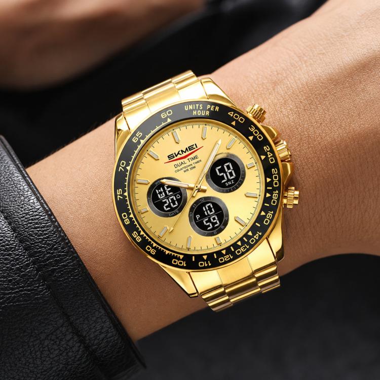 SKMEI 2587 Men Stainless Steel Strap Triple-Dial Chronograph 30M Life Waterproof Digital Watch(Gold Case Gold Dial)