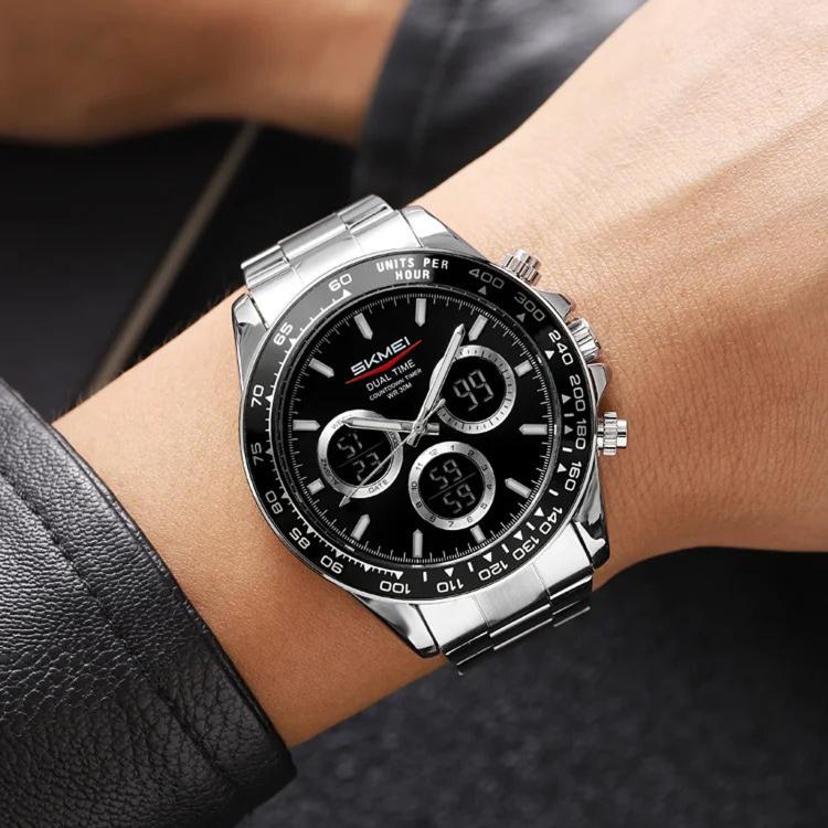 SKMEI 2587 Men Stainless Steel Strap Triple-Dial Chronograph 30M Life Waterproof Digital Watch(Silver Case Black Dial)