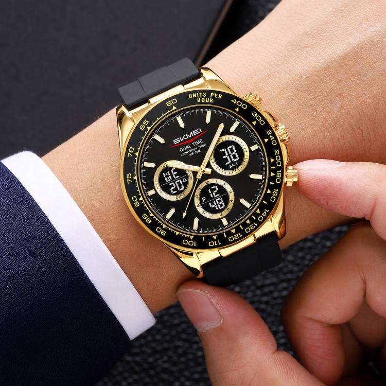 SKMEI 2588 Men Business Silicone Strap Watch Multifunctional Luminous 30m Life Waterproof Digital Watch(Gold Case Black Dial)