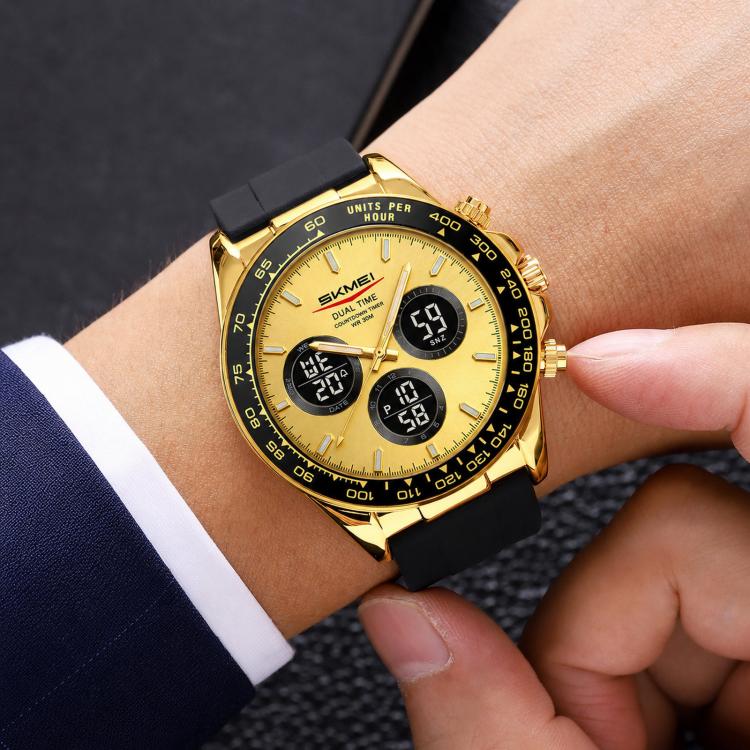 SKMEI 2588 Men Business Silicone Strap Watch Multifunctional Luminous 30m Life Waterproof Digital Watch(Gold Case Gold Dial)