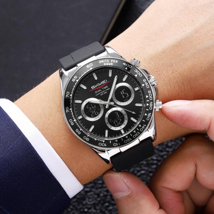 SKMEI 2588 Men Business Silicone Strap Watch Multifunctional Luminous 30m Life Waterproof Digital Watch(Silver Case Black Dial)