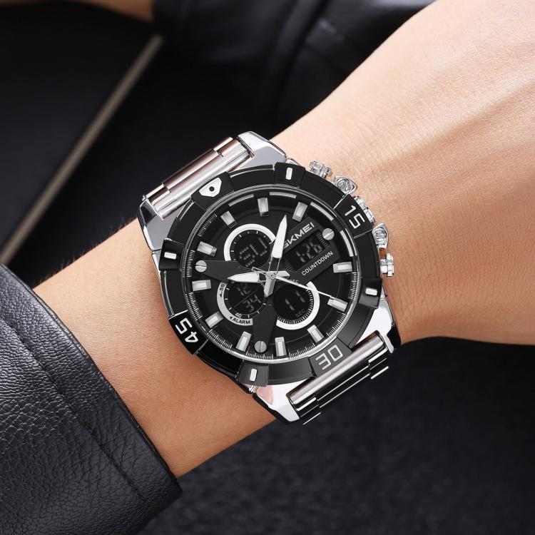 SKMEI 2593 Men Dual-Display Sports Watch Stainless Steel Strap Luminous 30M Life Water-Resistant Watch(Silver)