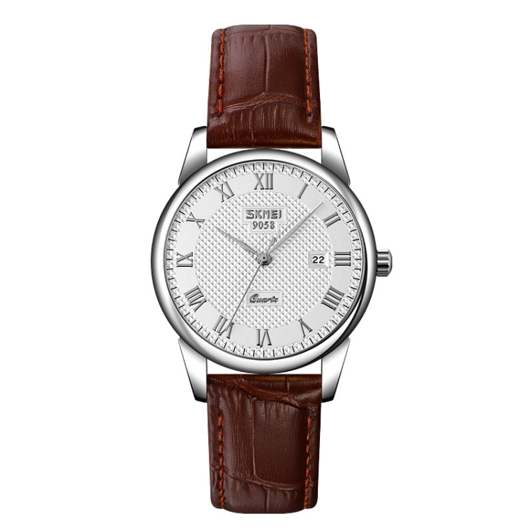 SKMEI 9058 Multifunctional Outdoor Fashion Waterproof Silver Shell Quartz Wrist Watch (Women Style Silver Face Brown Strap)