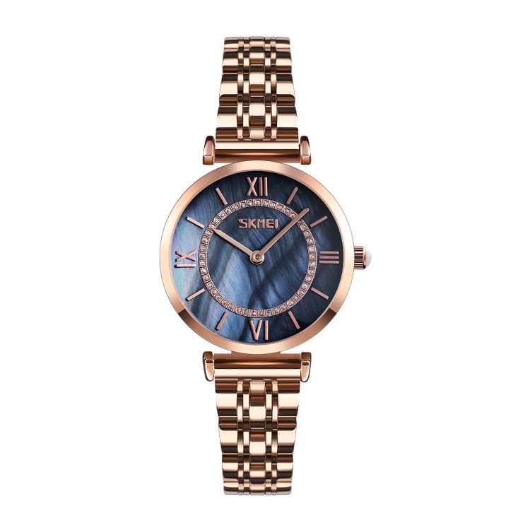 SKMEI 9198 Simple Roman Numeral Dial Metal Belt Quartz Watch for Couples(Rose Gold Black Women)