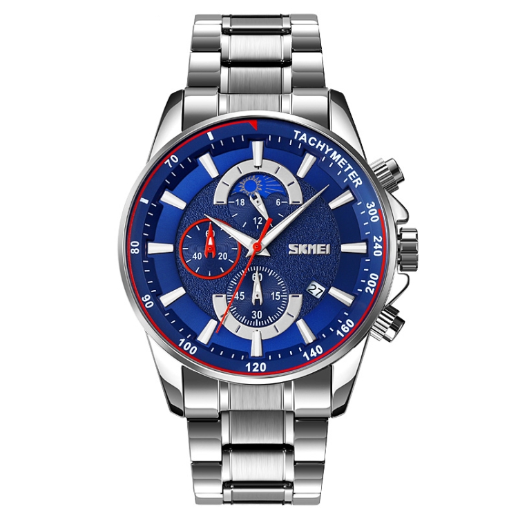 SKMEI 9250 Men Moonphase Stopwatch Date Six Pin Stainless Steel Strap Quartz Watch(Silver Blue)