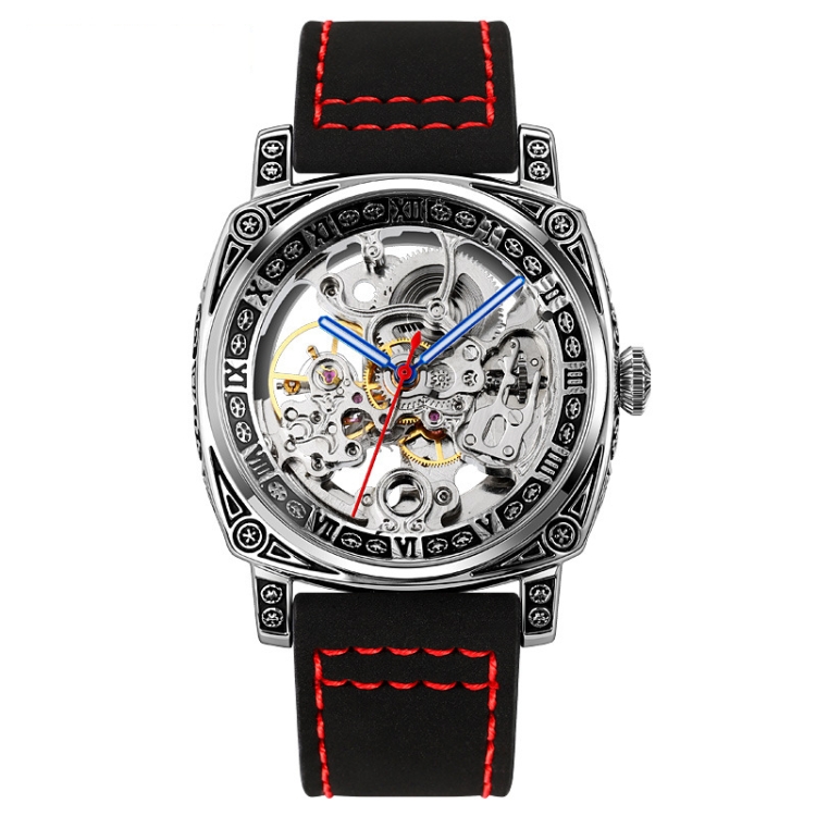 SKMEI 9271 Stainless Steel Buckle Leather Strap Waterproof Mechanical Watch(Red)