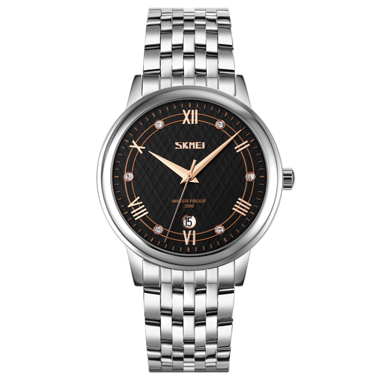 SKMEI 9272 Stainless Steel Buckle Strap Waterproof Quartz Watch Man(Silver Shell Black Surface)