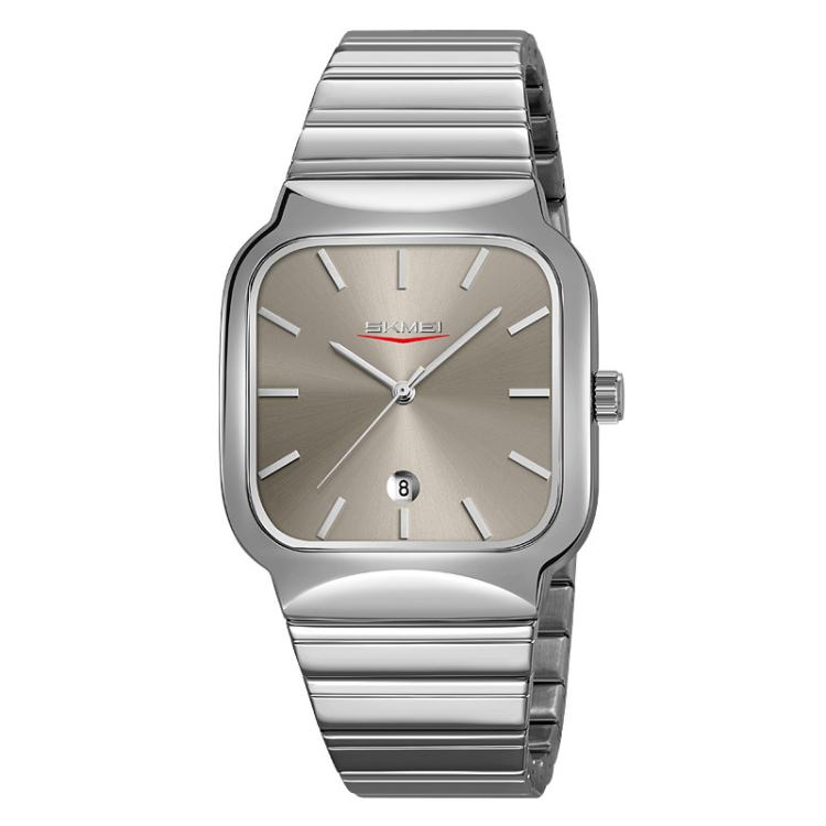 SKMEI 9361 Steel Strap Textured Dial Watch Business Casual Square Quartz Watch, Style: Silver Case Gray Dial