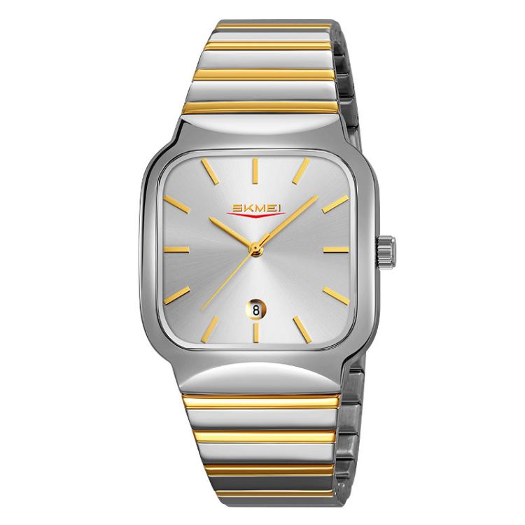 SKMEI 9361 Steel Strap Textured Dial Watch Business Casual Square Quartz Watch, Style: Silver Gold Case Silver Dial