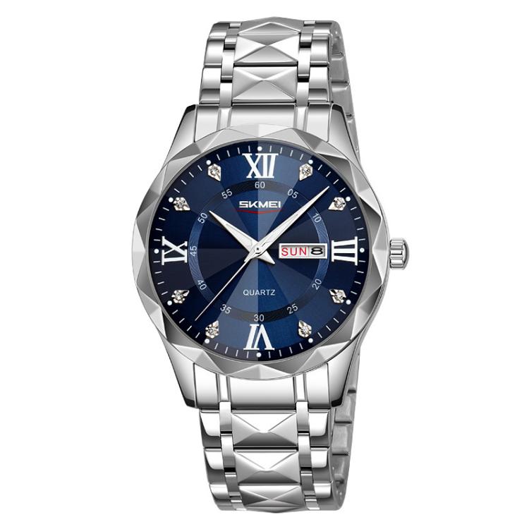 SKMEI Business Casual Watches Diamond Case Luminous Waterproof Quartz Watch, Style: Men Silver Case Blue Dial