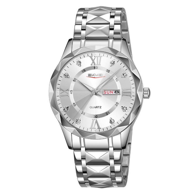 SKMEI Business Casual Watches Diamond Case Luminous Waterproof Quartz Watch, Style: Men Silver Case Silver Dial