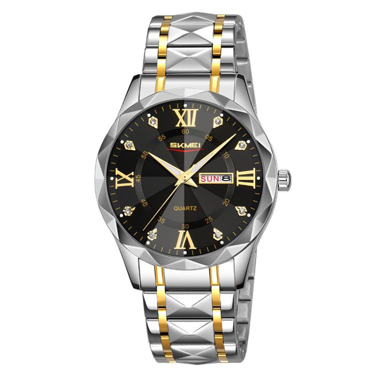 SKMEI Business Casual Watches Diamond Case Luminous Waterproof Quartz Watch, Style: Men Silver Gold Strap Black Dial