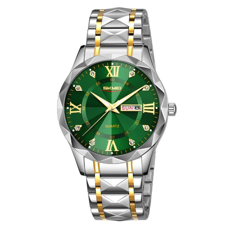 SKMEI Business Casual Watches Diamond Case Luminous Waterproof Quartz Watch, Style: Men Silver Gold Strap Green Dial