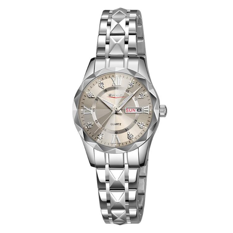 SKMEI Business Casual Watches Diamond Case Luminous Waterproof Quartz Watch, Style: Women Silver Case Gray Dial