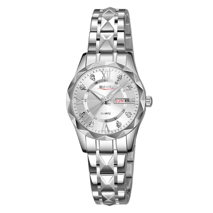 SKMEI Business Casual Watches Diamond Case Luminous Waterproof Quartz Watch, Style: Women Silver Case Silver Dial