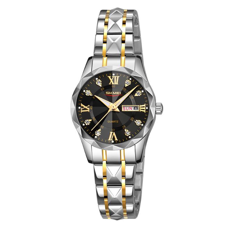 SKMEI Business Casual Watches Diamond Case Luminous Waterproof Quartz Watch, Style: Women Silver Gold Strap Black Dial