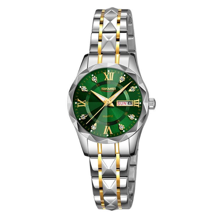 SKMEI Business Casual Watches Diamond Case Luminous Waterproof Quartz Watch, Style: Women Silver Gold Strap Green Dial