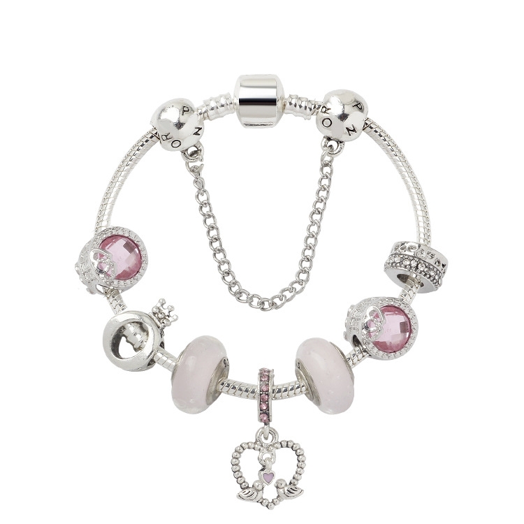 SL85 Colored Glaze Large Hole Bead Bracelet Alloy Pink Series Love Bird Pendant Bracelet, Size: 18cm