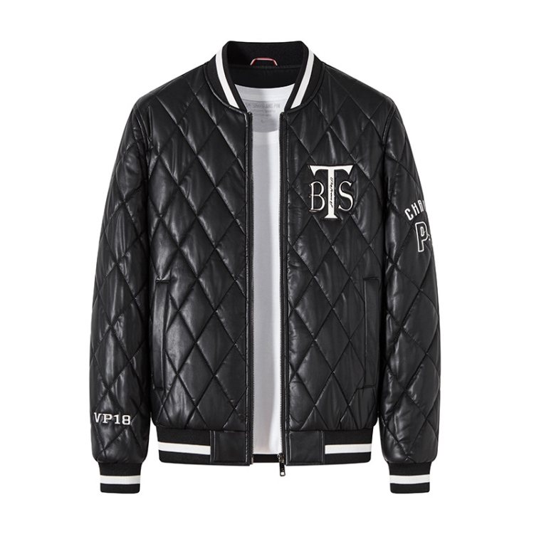 Slim V-Neck Pinch Cotton Baseball Jacket Warm PU Leather Jacket, Size: L(Black)