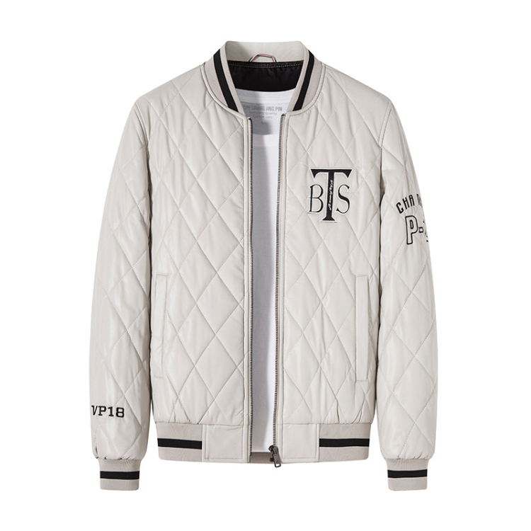 Slim V-Neck Pinch Cotton Baseball Jacket Warm PU Leather Jacket, Size: L(White)