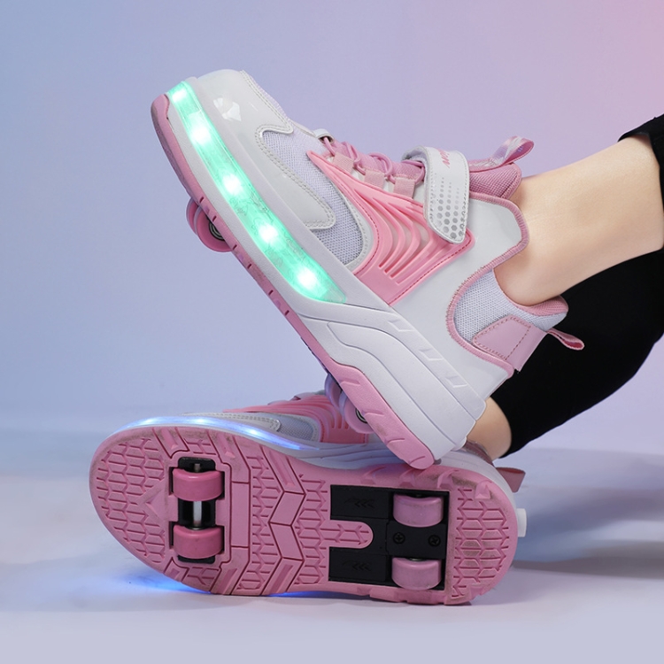 Small Four-Wheeled Walking Shoes Children Luminous Deformation Roller Shoes, Size: 37(XF03 Mesh Pink)