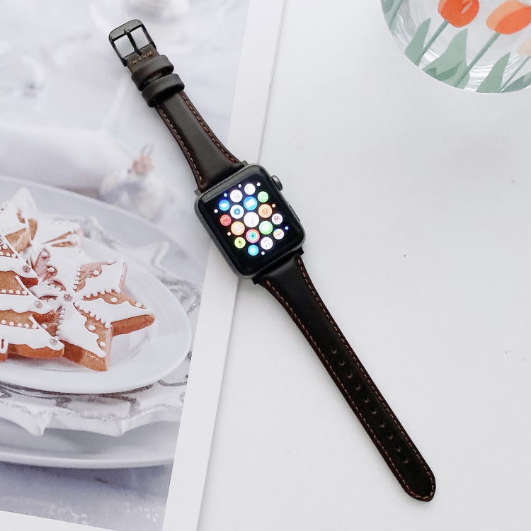 Small Pretty Waist Double-sided Leather Watch Band For Apple Watch Series 9&8&7 41mm / SE 3&SE 2&6&SE&5&4 40mm / 3&2&1 38mm(Coffee)