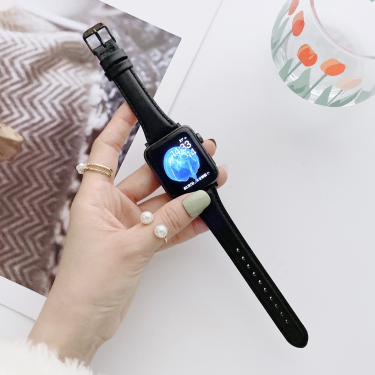 Small Pretty Waist Double-sided Leather Watch Band For Apple Watch Ultra 49mm&Watch Ultra 2 49mm / Series 9&8&7 45mm / SE 3&SE 2&6&SE&5&4 44mm / 3&2&1 42mm(Black)