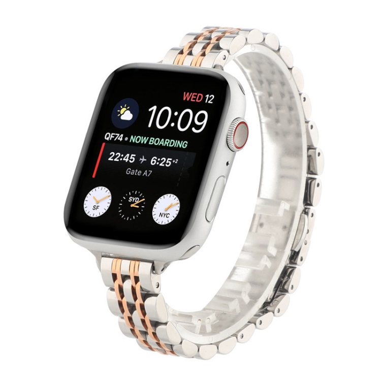Small Waist Seven Beads Stainless Steel Strap Watch Band For Apple Watch Ultra 49mm&Watch Ultra 2 49mm / Series 9&8&7 45mm / SE 3&SE 2&6&SE&5&4 44mm / 3&2&1 42mm(Between Rose Gold)