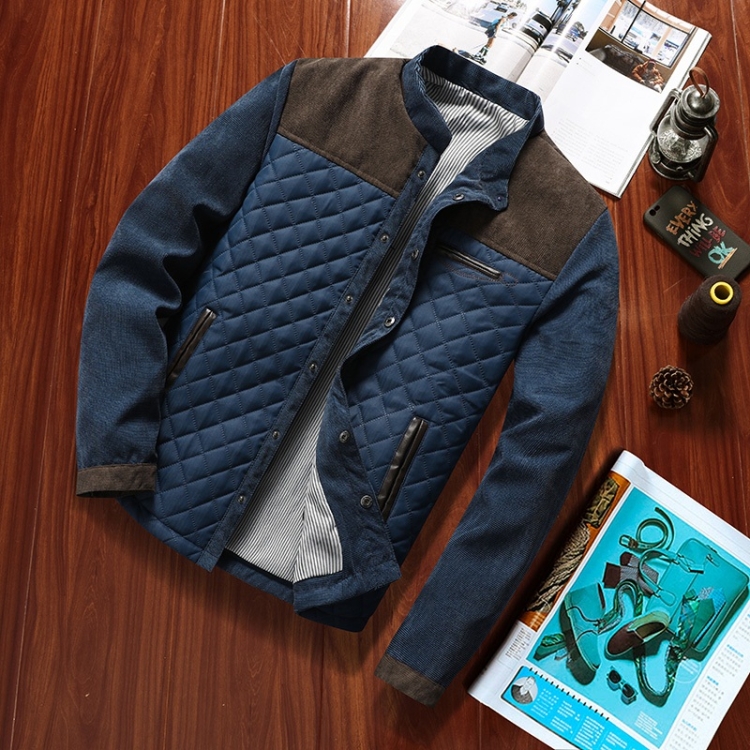 Solid Color Collage Collar Men Jacket (Color:Brown Blue Size:XL)