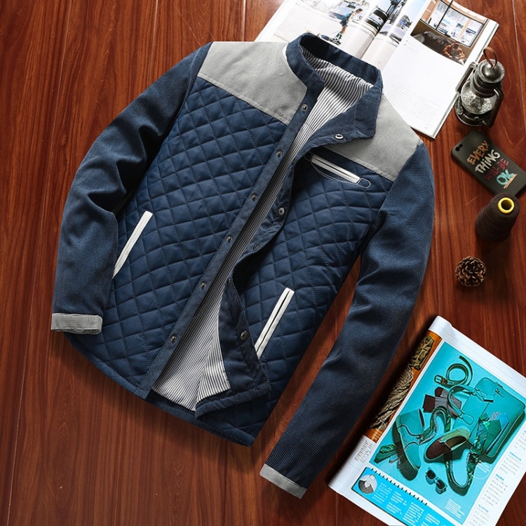 Solid Color Collage Collar Men Jacket (Color:Grey Blue Size:XXL)