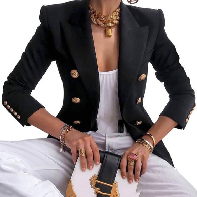 Solid Color Slim Long-sleeved Cardigan Short Suit Jacket for Ladies (Color:Black Size:S)