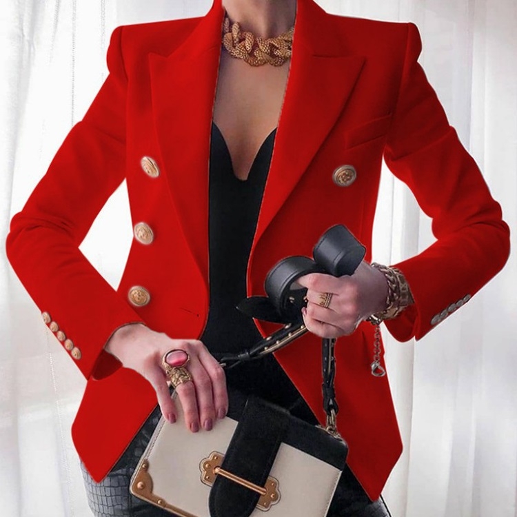Solid Color Slim Long-sleeved Cardigan Short Suit Jacket for Ladies (Color:Red Size:S)