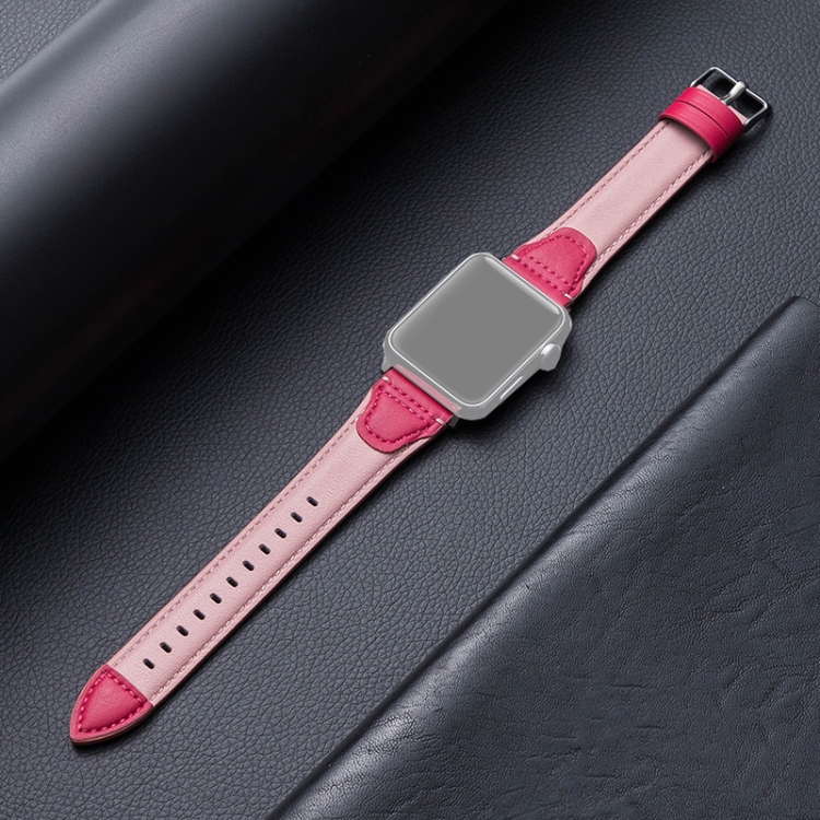 Splicing Cowhide Leather Watch Band For Apple Watch Series 9&8&7 41mm / SE 3&SE 2&6&SE&5&4 40mm / 3&2&1 38mm(Rose Red)