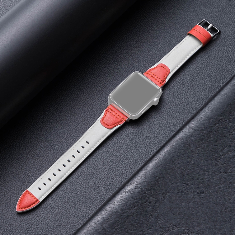 Splicing Cowhide Leather Watch Band For Apple Watch Series 9&8&7 41mm / SE 3&SE 2&6&SE&5&4 40mm / 3&2&1 38mm(White Red)