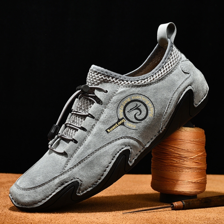 Spring And Summer Men Casual Breathable Peas Shoes Leather Pigskin Lazy Sneakers, Size: 38(Gray)