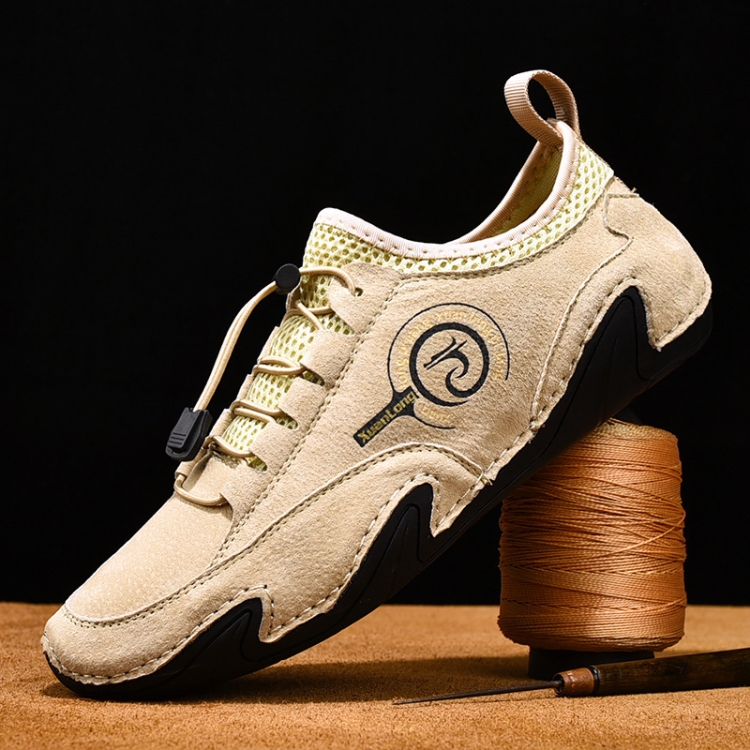 Spring And Summer Men Casual Breathable Peas Shoes Leather Pigskin Lazy Sneakers, Size: 39(Beige)