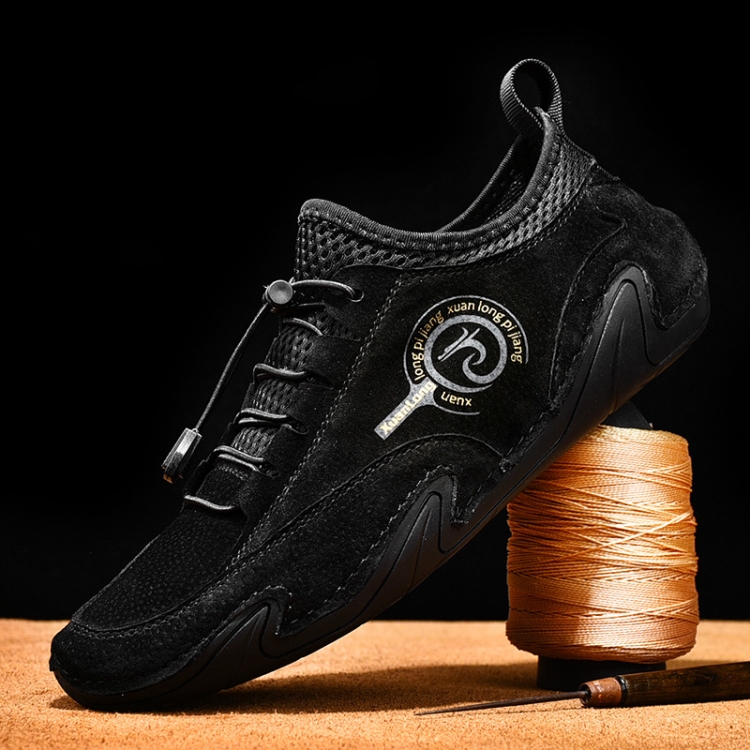 Spring And Summer Men Casual Breathable Peas Shoes Leather Pigskin Lazy Sneakers, Size: 40(Black)