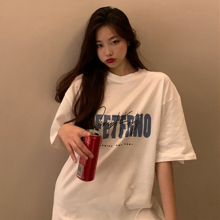 Spring and Summer Retro Print Mid-length Loose Short-sleeved Top T-shirt, Size: M(White)