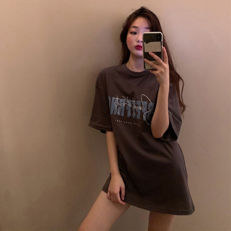 Spring and Summer Retro Print Mid-length Loose Short-sleeved Top T-shirt, Size: XXL(Dark Gray)