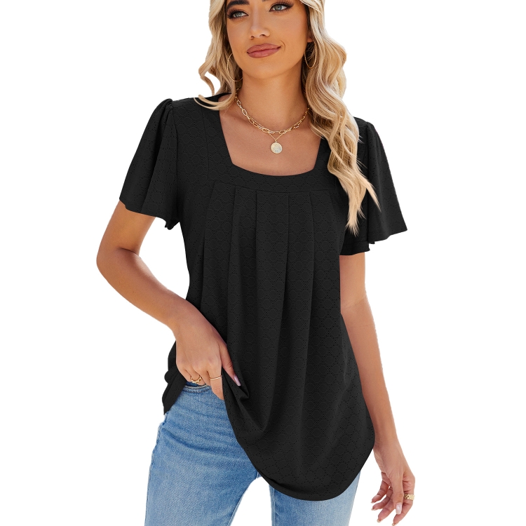 Spring and Summer Square Neck Pleated Short Sleeve Ladies Loose T-Shirt Top, Size: L(Black)