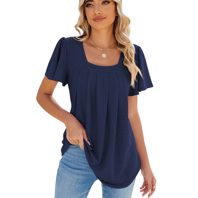 Spring and Summer Square Neck Pleated Short Sleeve Ladies Loose T-Shirt Top, Size: M(Navy)
