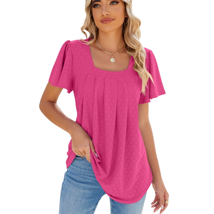 Spring and Summer Square Neck Pleated Short Sleeve Ladies Loose T-Shirt Top, Size: M(Rose Pink)