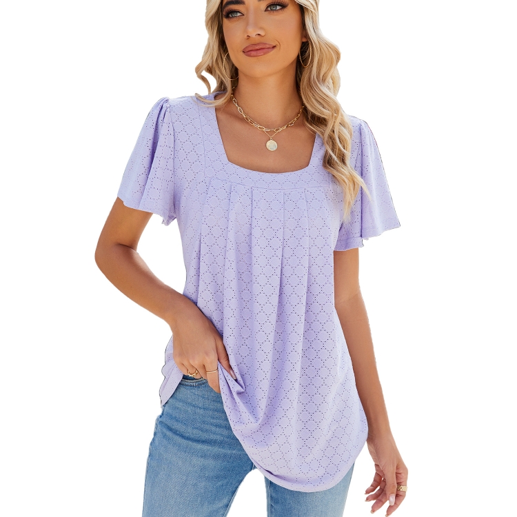 Spring and Summer Square Neck Pleated Short Sleeve Ladies Loose T-Shirt Top, Size: XL(Purple)
