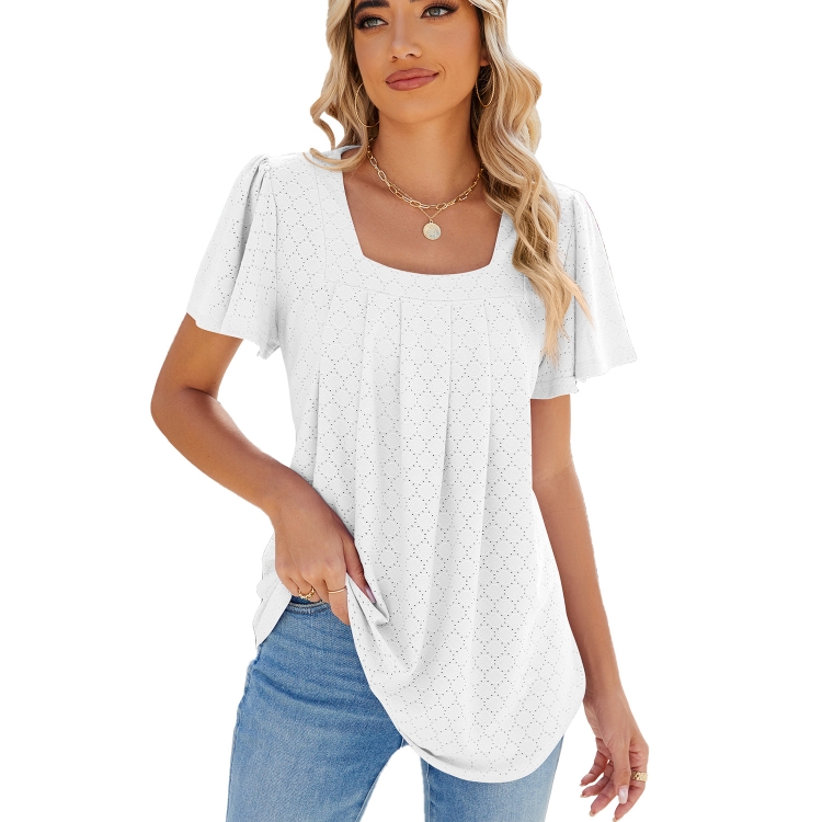 Spring and Summer Square Neck Pleated Short Sleeve Ladies Loose T-Shirt Top, Size: XL(White)