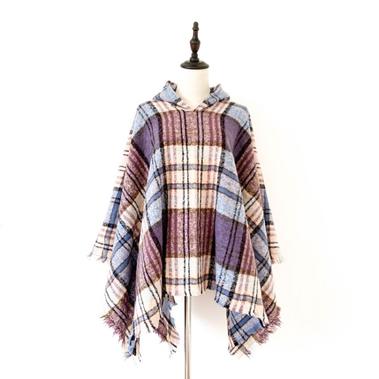Spring Autumn Winter Checkered Pattern Hooded Cloak Shawl Scarf, Length (CM): 135cm(DP-03 Purple)