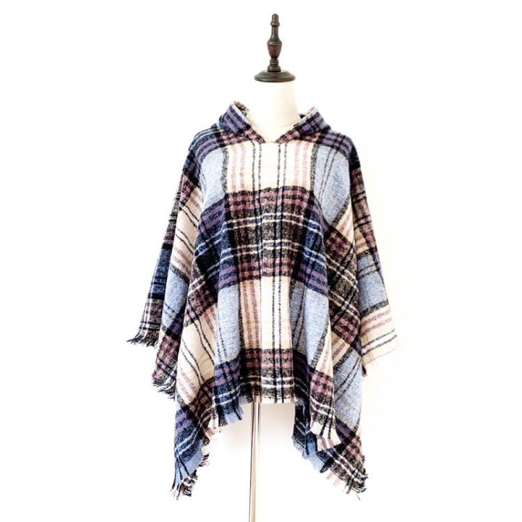 Spring Autumn Winter Checkered Pattern Hooded Cloak Shawl Scarf, Length (CM): 135cm(DP-04 Blue & White)
