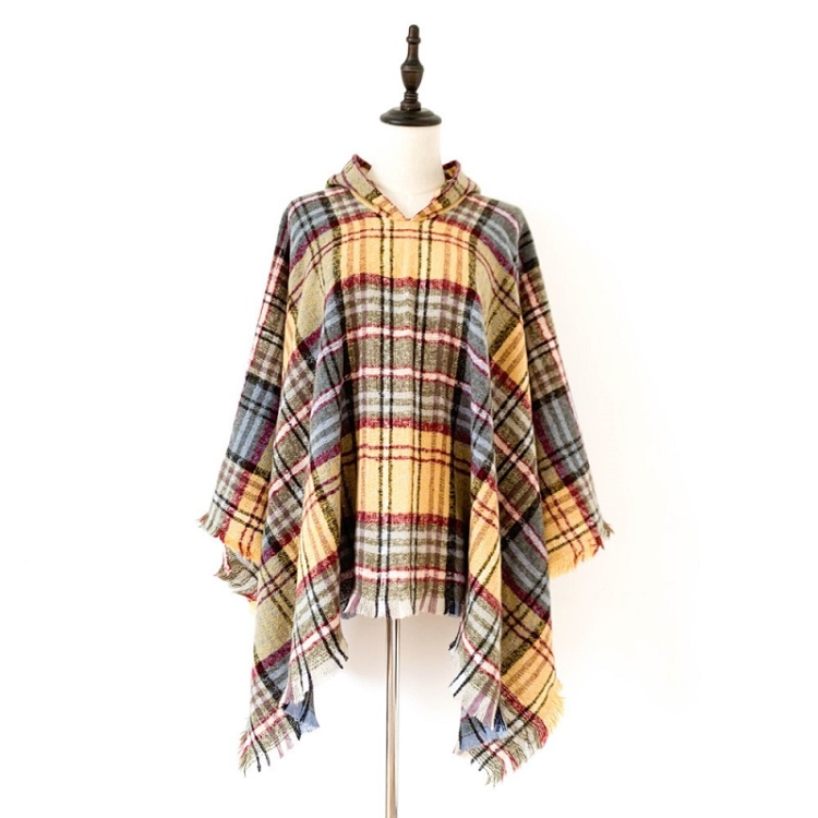 Spring Autumn Winter Checkered Pattern Hooded Cloak Shawl Scarf, Length (CM): 135cm(DP-05 Yellow)