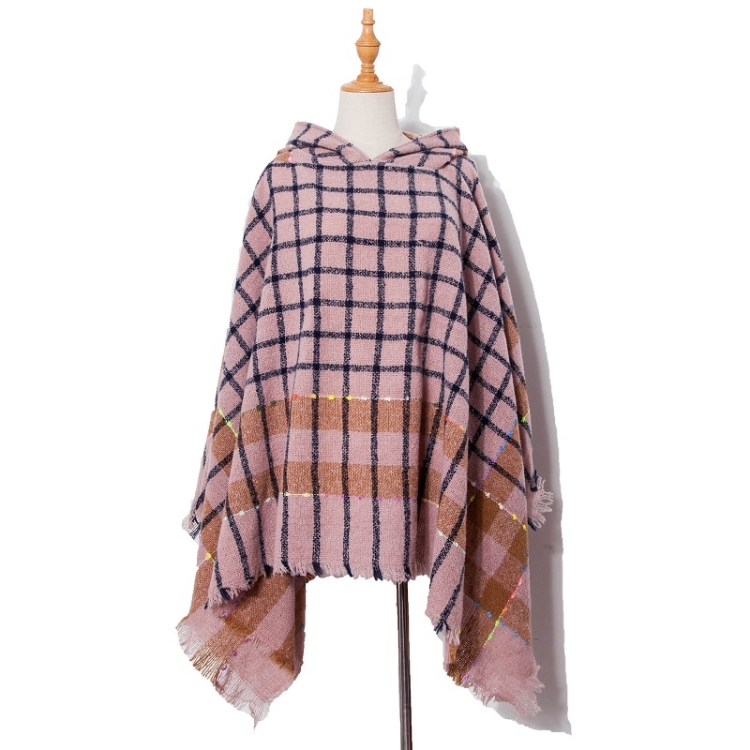 Spring Autumn Winter Checkered Pattern Hooded Cloak Shawl Scarf, Length (CM): 135cm(DP2-03 Pink)