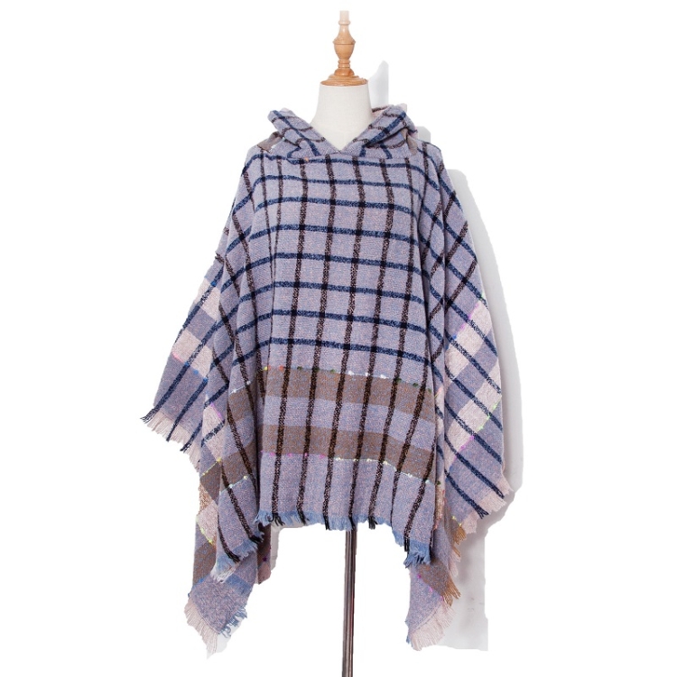 Spring Autumn Winter Checkered Pattern Hooded Cloak Shawl Scarf, Length (CM): 135cm(DP2-06 Blue)