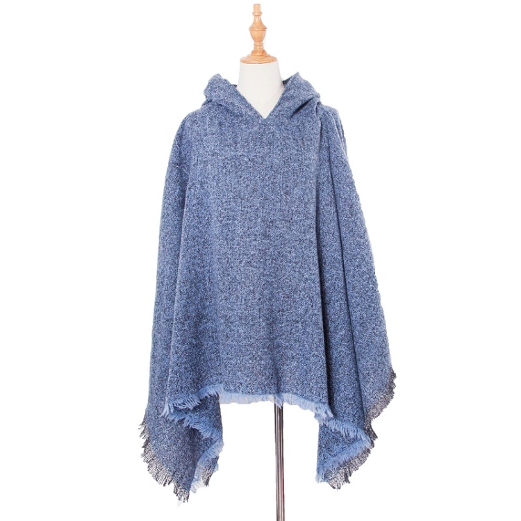 Spring Autumn Winter Checkered Pattern Hooded Cloak Shawl Scarf, Length (CM): 135cm(DP3-07 Denim Blue)
